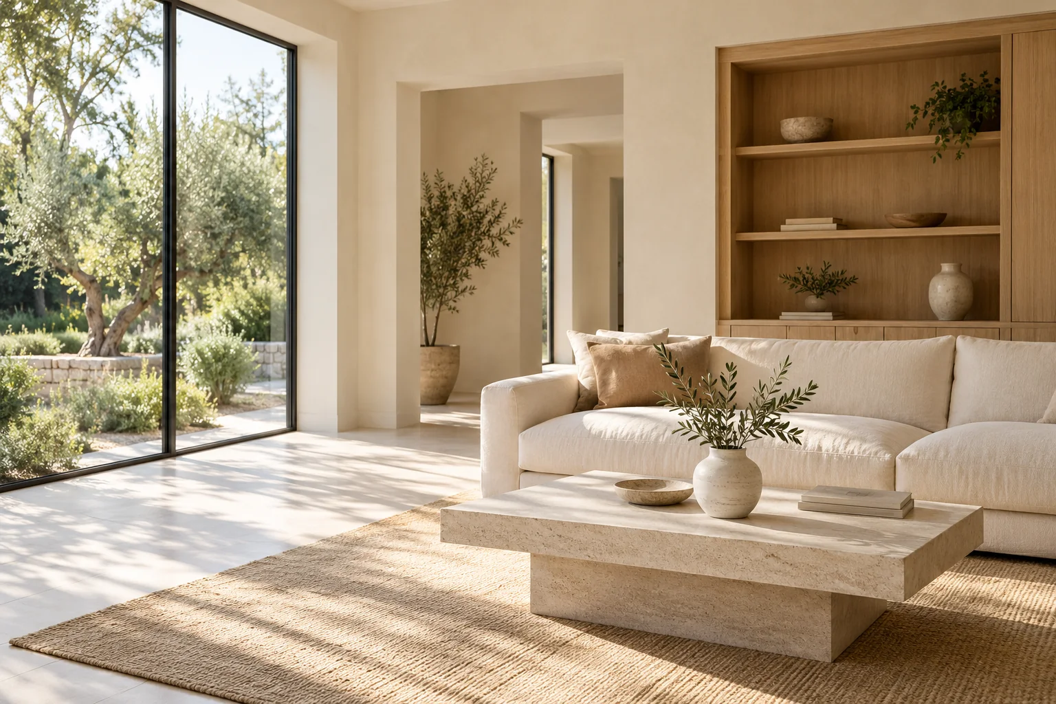 Light-filled living room with natural oak cabinetry and cream linen furniture; generated concept image
