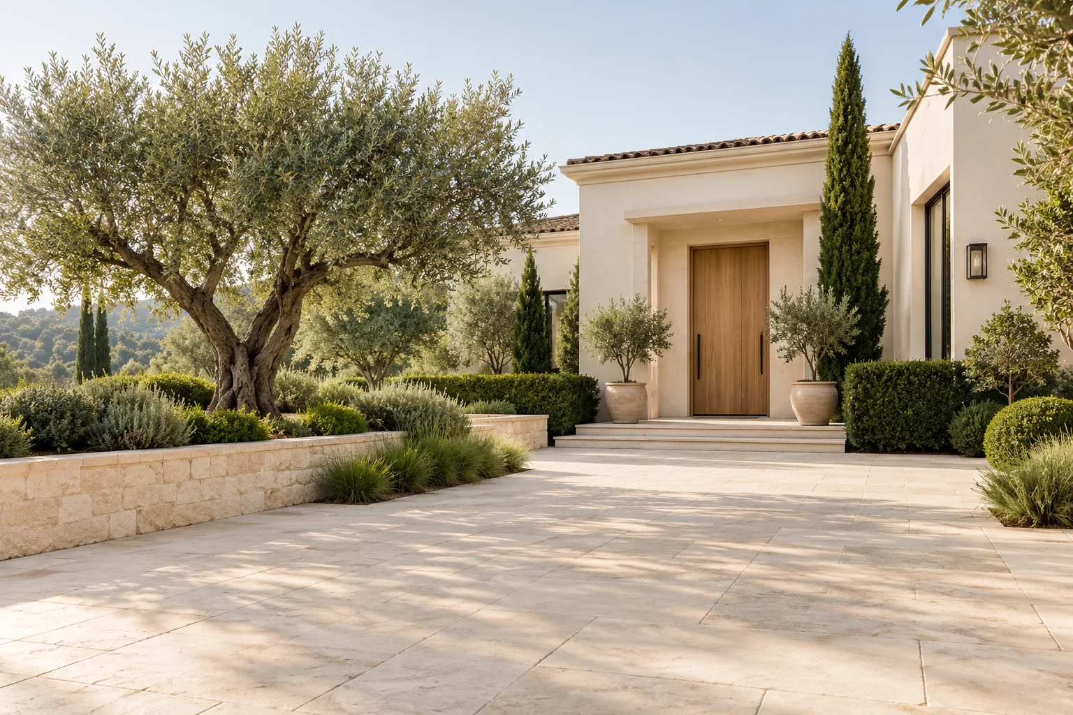 Clean limestone courtyard with an ivory facade and olive trees; generated concept image