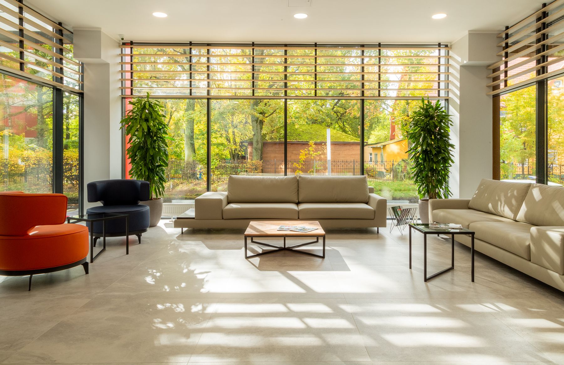 Sunlit interior with expansive windows and warm natural textures